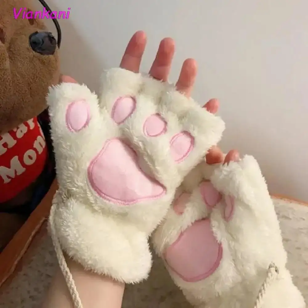 

Cat's Paw Gloves Ladies Winter Korean Cute Girls Fingerless Thick Warm Bear's Paw Plush Half-Finger 2021 Fashion Gloves