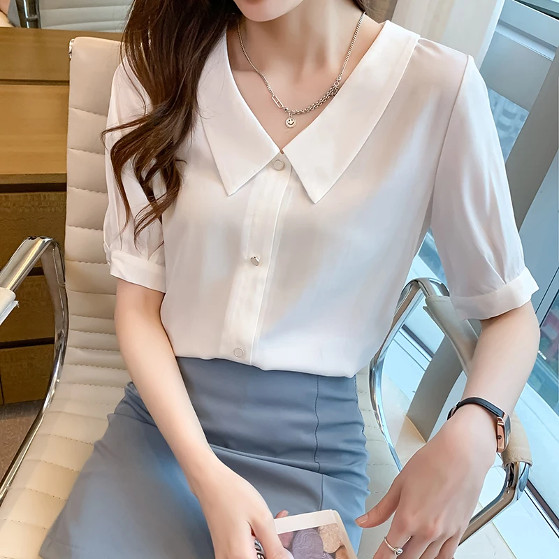 

Women's Shirt Cotton Blouses for Women White Polo Neck Shirts Women's Summer Blouses 2021 Office Lady Button Up Basic Blouse OL