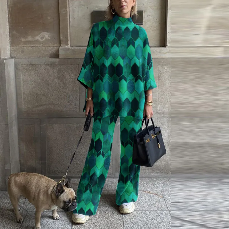 

Retro Pattern Women Loose Outfits Fashion Half High Collar Long Sleeve Sweatshirt And Pant Set Casual Sportswear Two Piece Suits