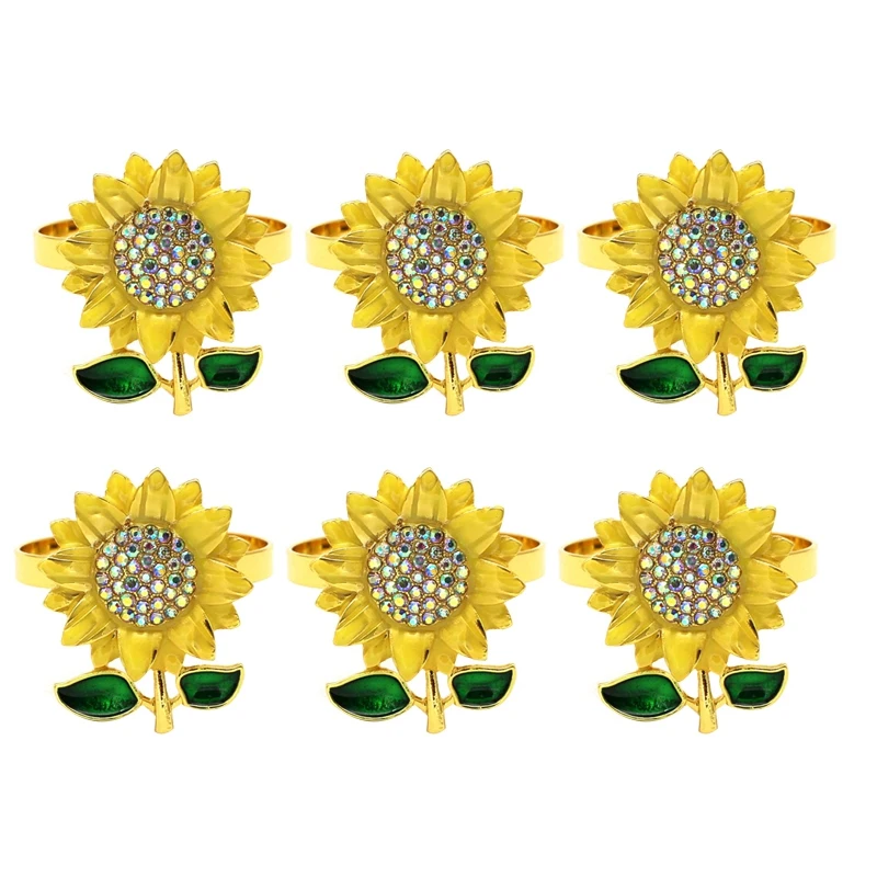 

6PCS Napkin Rings Sunflower Napkin Holder Rings Metal Diamond Napkin Adornment for Christmas, Thanksgiving Day, Birthday