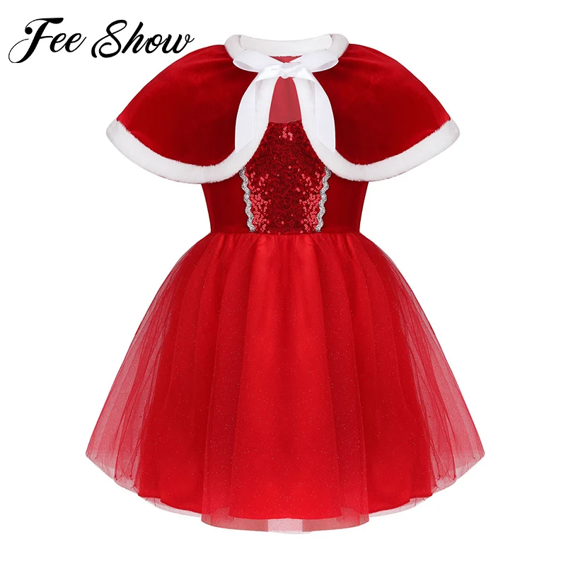 

Kids Girls Christmas Costume Shiny Sequin Mesh Tutu Ballet Figure Skating Dress with Capelet Stage Performance Dancewear
