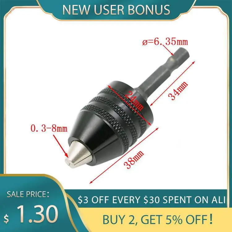 

0.3-8mm Keyless Drill Chuck Screwdriver Impact Driver Adaptor 1/4" Hex Shank Drill Bit Tool Quick Change Convertor Adapter