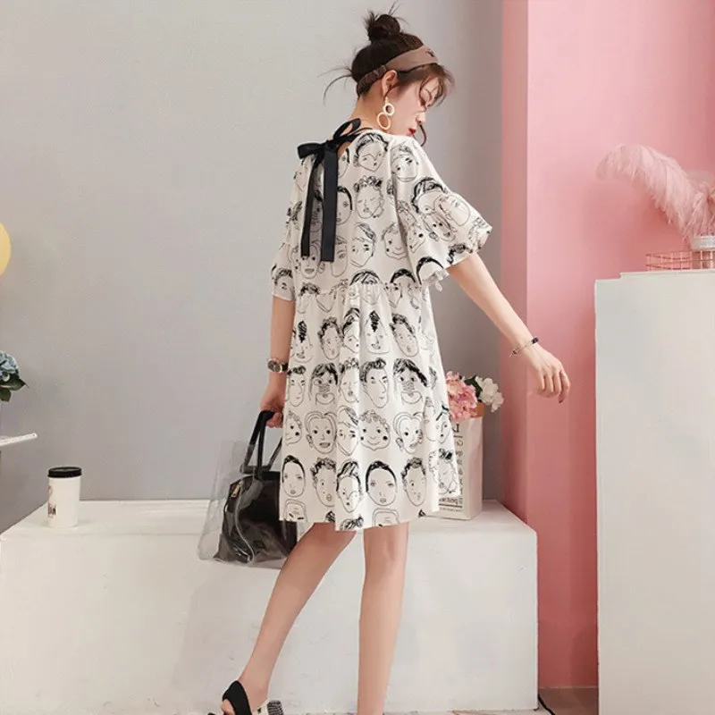 2019 летнее женское повседневное мини платье с О образным вырезом и шнуровкой Kawaii