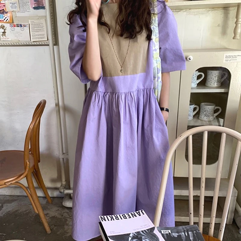 

Woman Dress 2021 Korean Fashion Elegant Temperament O Neck Hit Color Stitching High Waist Loose Casual Short Sleeve Long Dresses