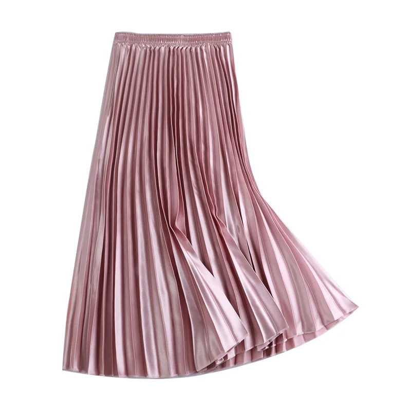 

shine pleated women skirts 2020 summer new high waist solid A-line knee-length lady elegant skirts top quality