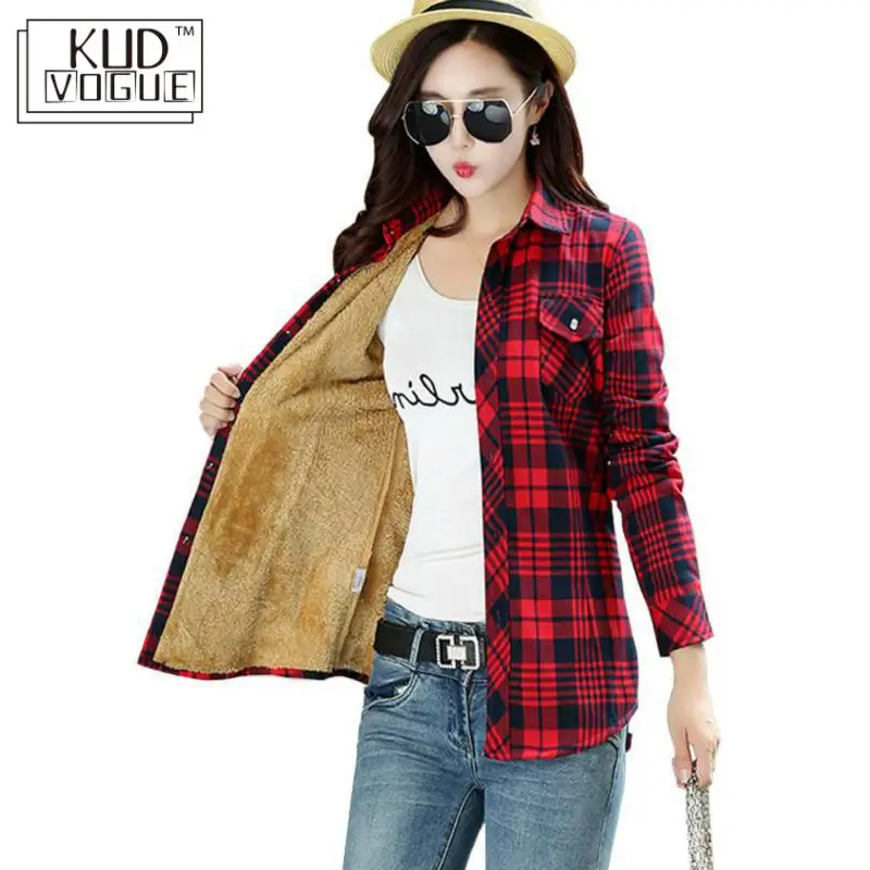 Женская зимняя теплая хлопковая блузка в клетку модная Вельветовая рубашка с