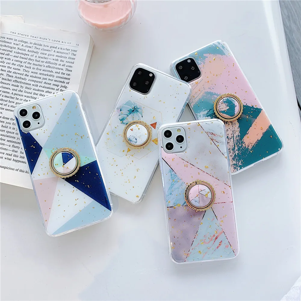 Цветной чехол для телефона из золотой фольги с мраморным кольцом и подставкой