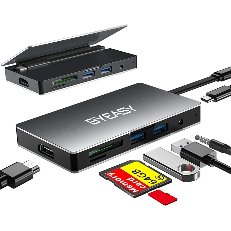 

BYEASY UC-106 7-In-1 Type C Hub with 4K USB C to HDMI SD and Micro-SD Card Reader 2 USB 3.0 Ports 3.5mm Jack