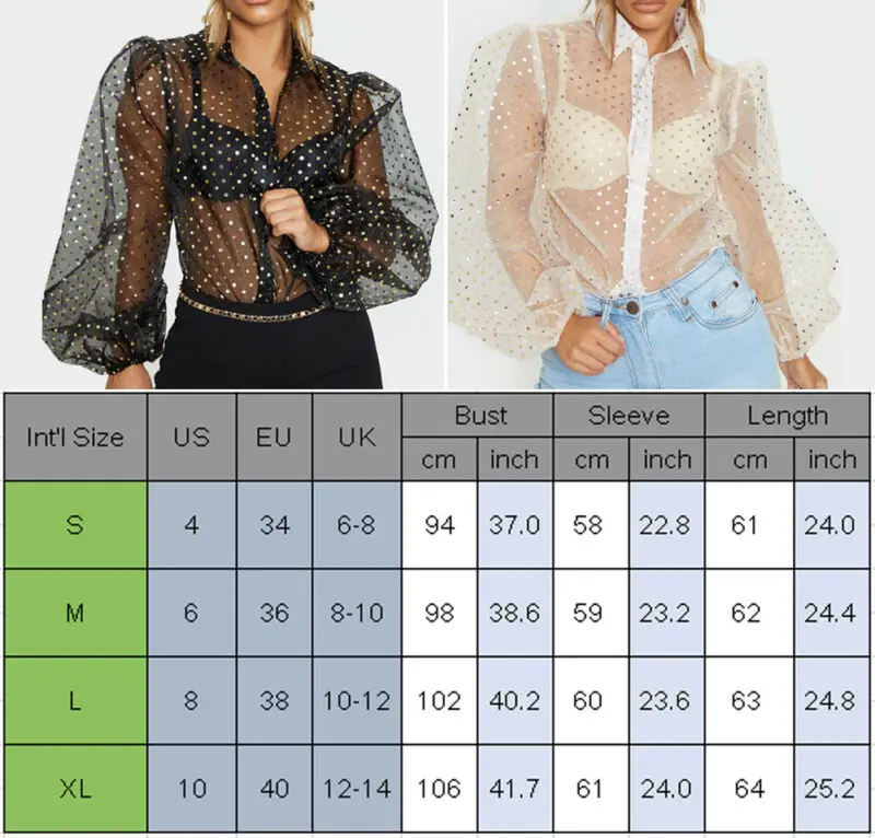 

Women's Blouses Ladies Frill Mesh Long Puff Sleeve Tops See Through Dot Floral Casual Dot Loose Sequined Button Summer 2020