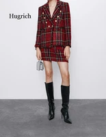 European and American Womens Casual Red Plaid Decorative Suit Top with The Same Fabric Buttock Skirt