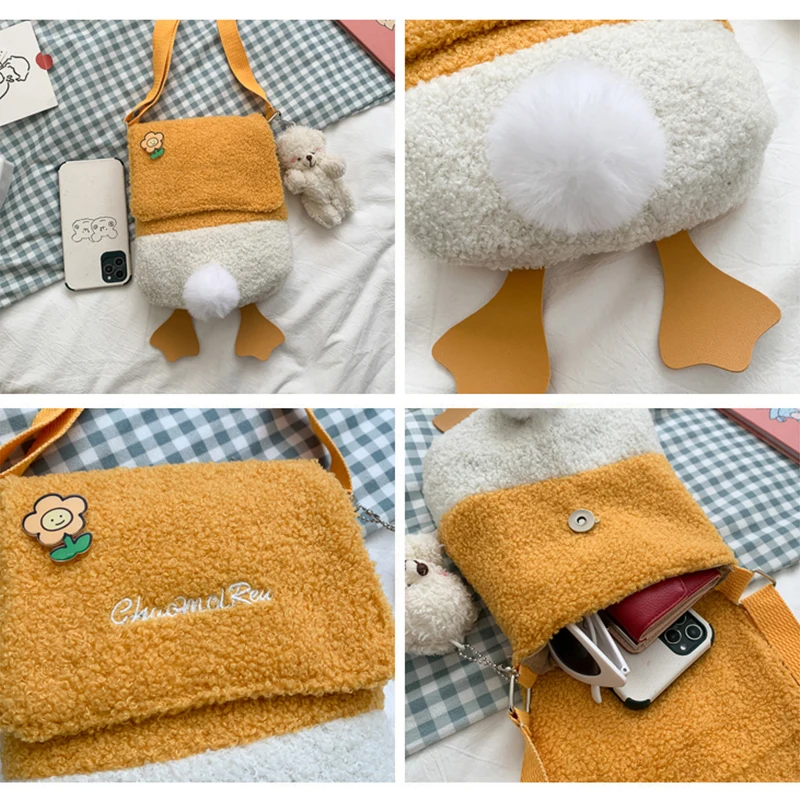

Cartoon Duck Shoulder Bag Soft Plush Bear Comfortable Women Black Crossbody Bags Artificial Lamb Wool Female Messenger Cute Bags