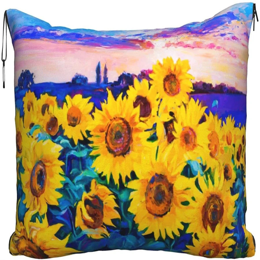

Oil Painting Sunflower Travel pillow blanket two-in-one backpack strap and compact airplane bag waist support 60x43 inches