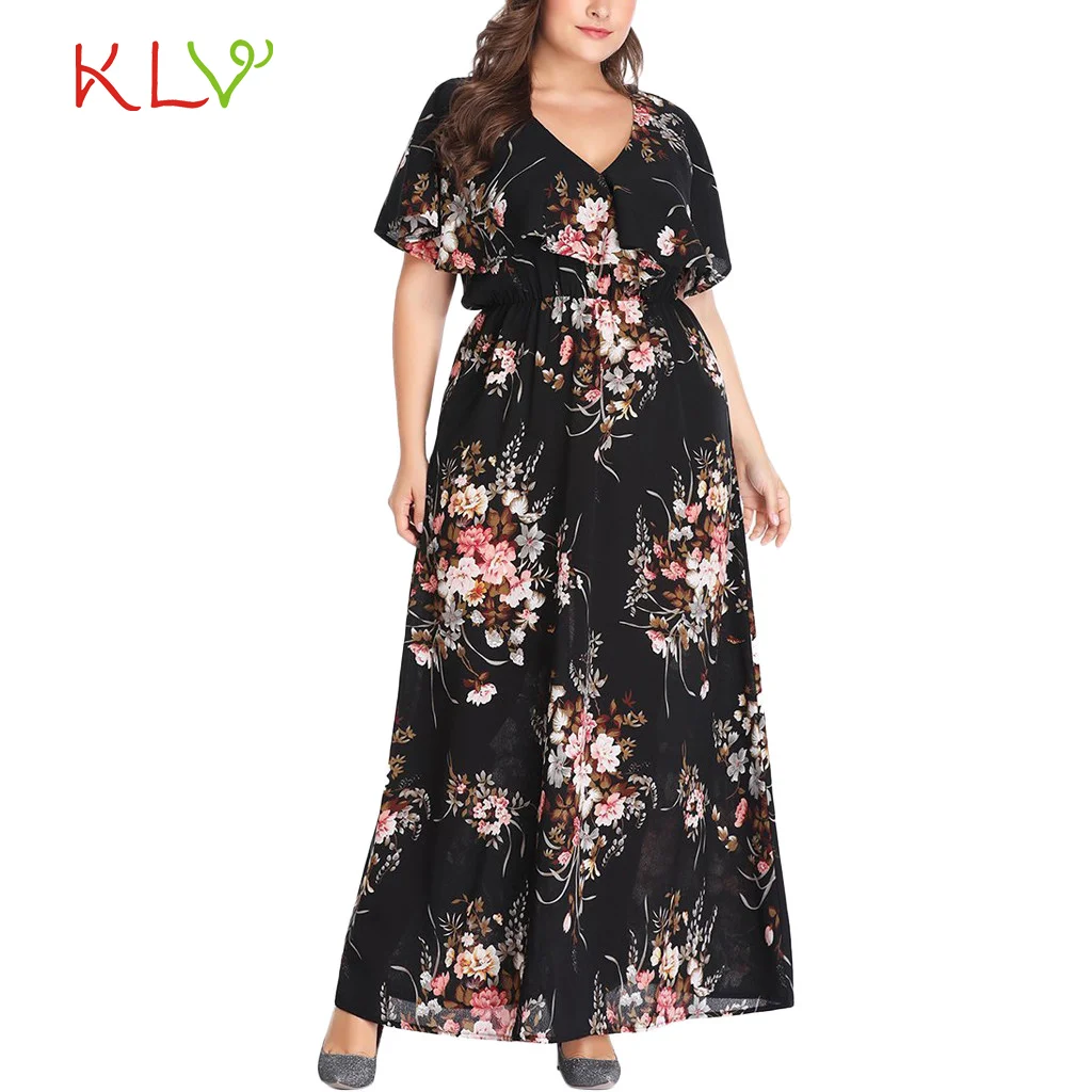 Плюс размер платье макси черное с цветочным принтом сексуальное v образный вырез
