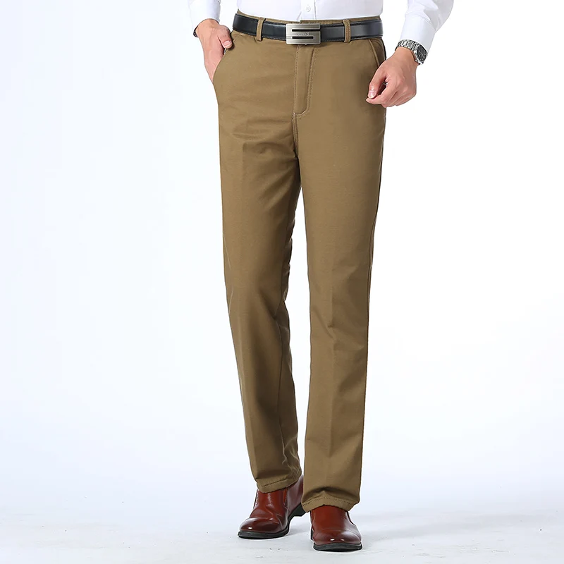 Khaki Pants Осень зима мужские теплые флисовые классические черные хлопковые брюки мужские деловые свободные длинные брюки качественные повседневные рабочие брюки комбинезоны - Цвет: Khaki Pants