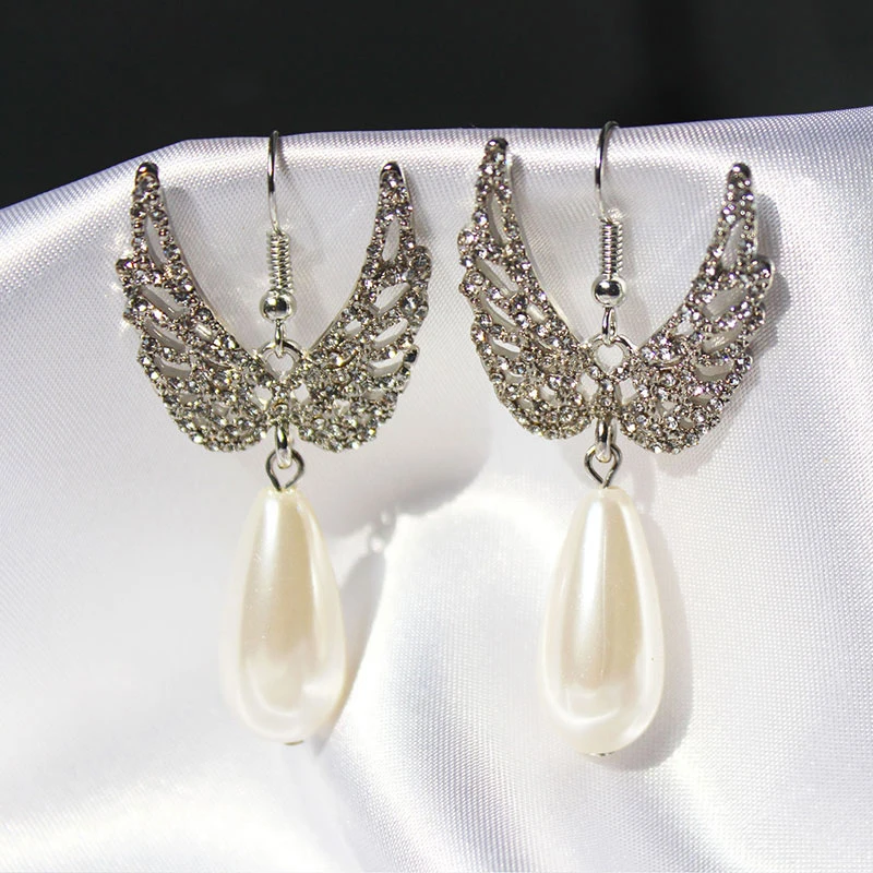 

New Trendy Angel Wing Crystal Earrings Drop Dangle Pearl Party Wedding Fashion Earrings For Women Bridal Crystal Pearl Jewelry