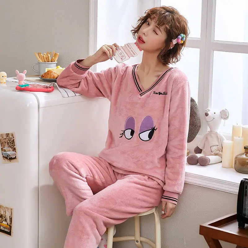 powder sleepwear Пижамы женские большие размеры пижамы из плотной ткани женские теплые длинные осенние пижамы зимний домашний костюм женская пижама домашний L-XXL - Color: powder sleepwear