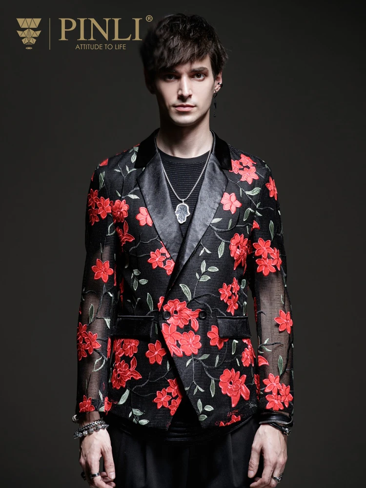 

Free shipping new men's male 2020 Autumn unique black tide blazer spring nightclub jacquard hollow small suit jacket BY201106099