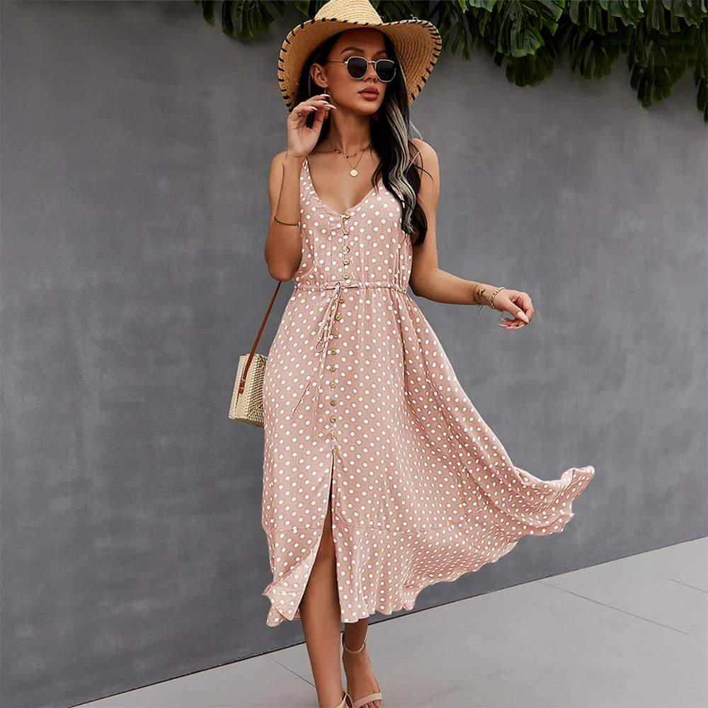 

2021 New Dot Midi Dress Women Fashion Single Breasted V Neck Plus Size Female Casual Boho Beach Sleeveless Strap Dresses Summer
