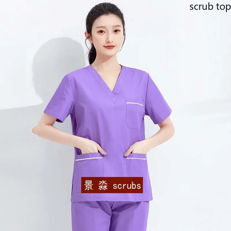 

Plug Size Scrub Top Women Medical Uniform Short Sleeve Scrub Shirt V Neck Nursing Clothes Cotton Doctor Workwear Color Blocking