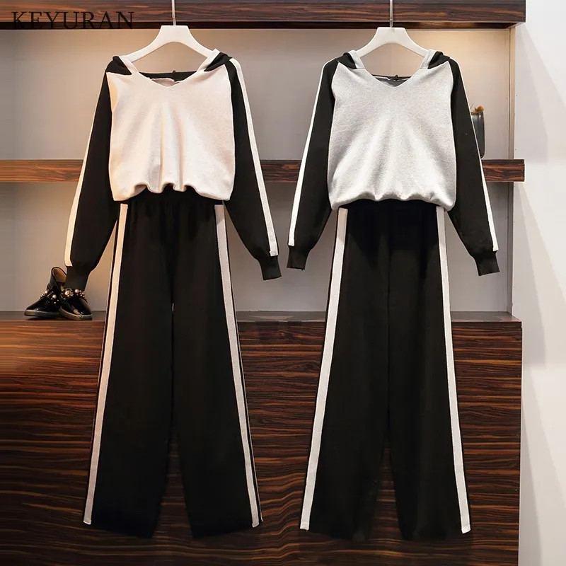 Осенне-зимний комплект из 2 предметов Женский вязаный костюм Свободный Полосатый