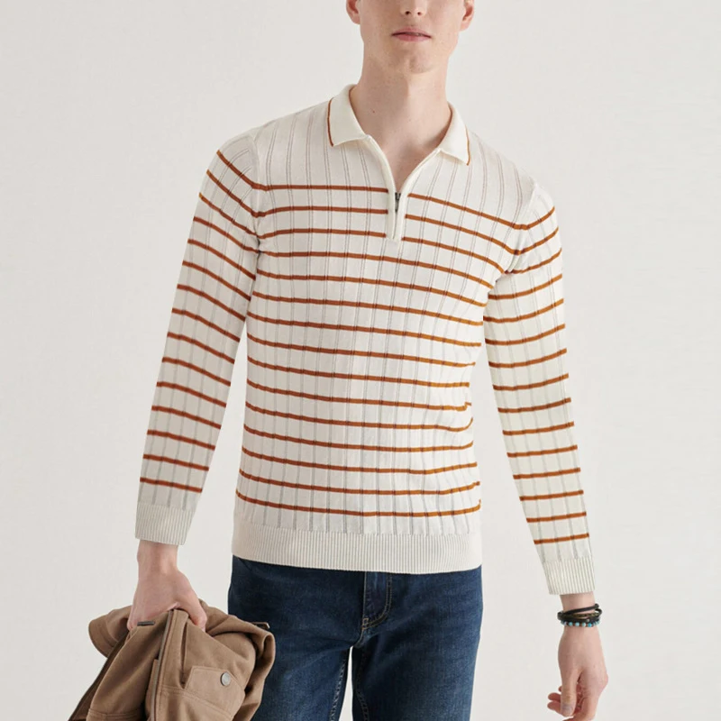 

New Autumn Fashion Striped Long Sleeve Polo Shirts Men Casual Slim Knitted Tops Men's Zipper Design Turn-down Collar Polo Shirt