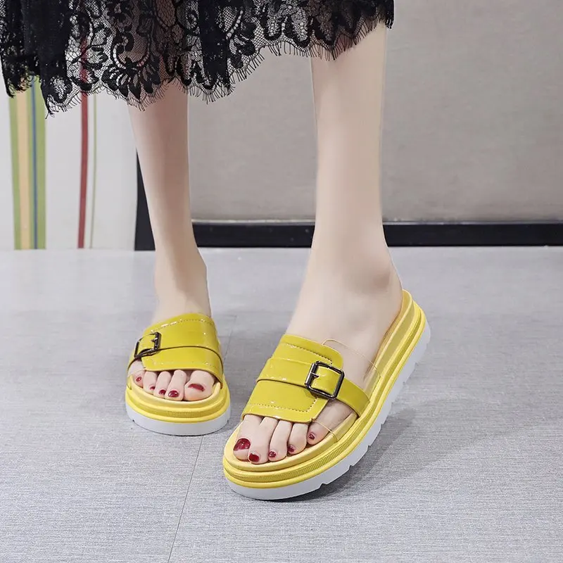 

Summer New Sandals Women Outside Fashion Belt Buckle Wedges Slides Med (3cm-5cm) Shallow Thick Bottom High Quality Beach Shoes