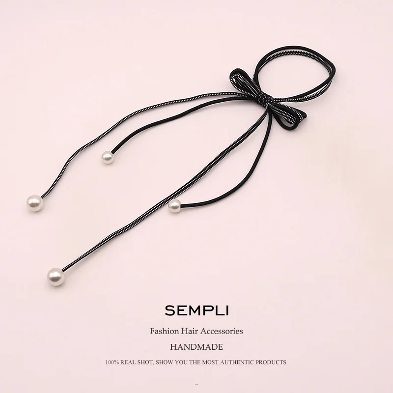 Sempli 6 цветов, нейлоновые Прочные эластичные женские обручи с жемчугом и кисточками, головные уборы для девочек, детские аксессуары для волос, атласные резинки