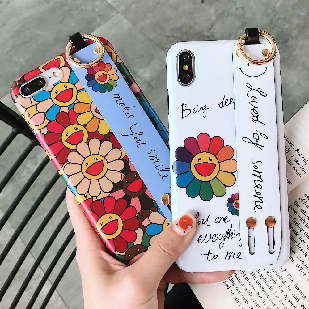 Чехол с подсолнухом для iPhone 11 Pro X XR XS Max 7 8 Plus, чехол с милым ремешком, подставка для телефона, чехол для iPhone 7 8 6S Plus