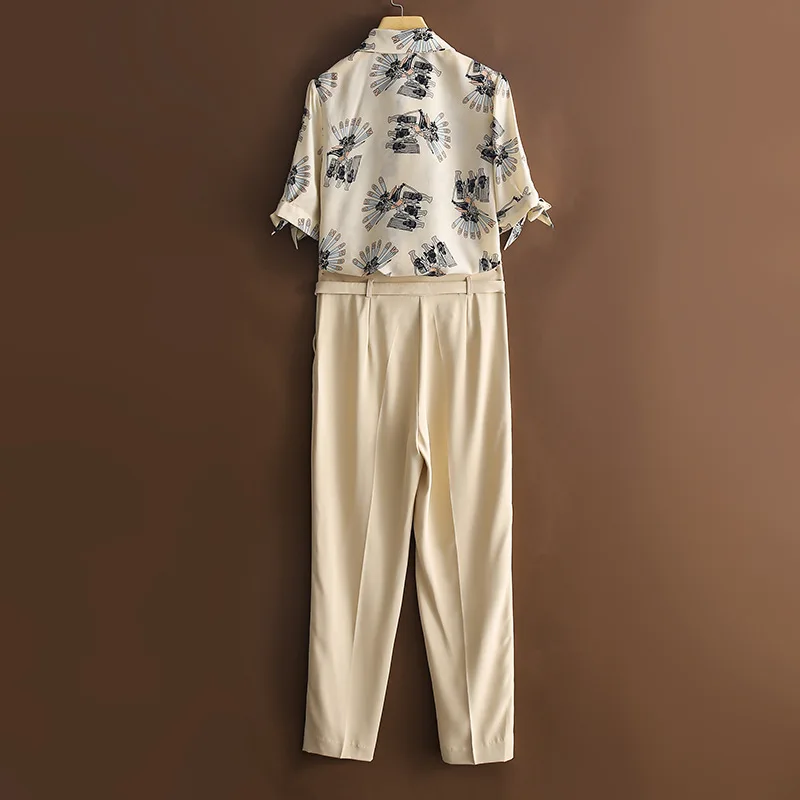Elegant Lady Summer Pants 2Piece Set Women 2020 New Fashion Clothes Set Bow Print Shirt and Pants Suit Matching Set OL