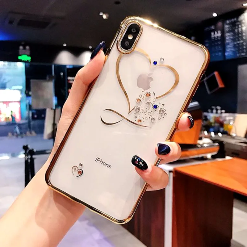 Модный мягкий чехол для телефона с сердечком и алмазным покрытием для iPhone 11 Pro X XR XS MAX, силиконовый чехол для iPhone 7 8 6S Plus 5 SE 5S
