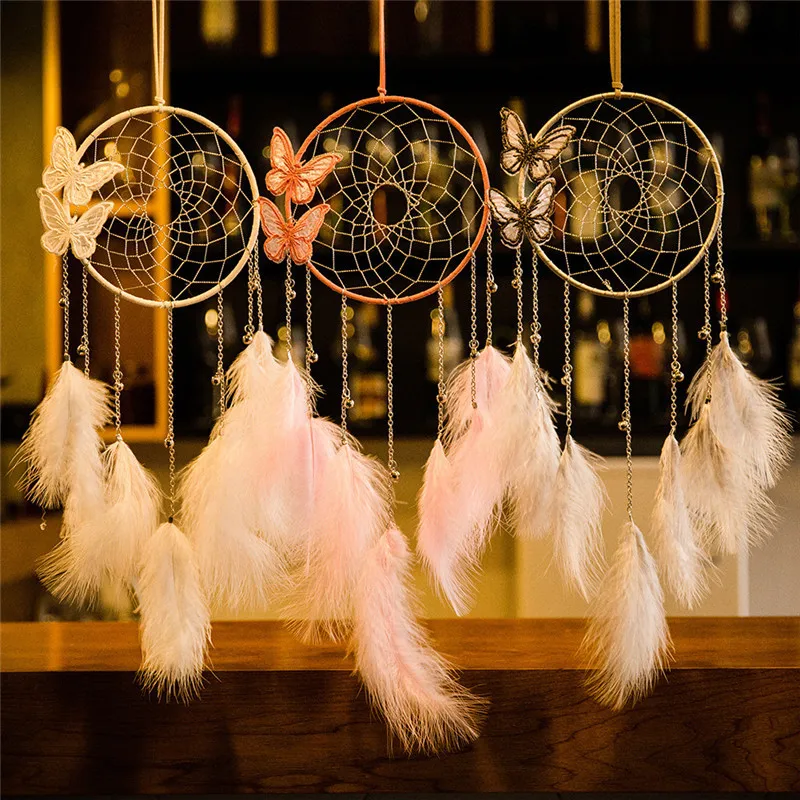 

Creative Butterfly Bell Dream Catcher Pendant Feather Hanging Home Decor Gray Wind Chime Ornament Girl Heart Kid Craft Gift