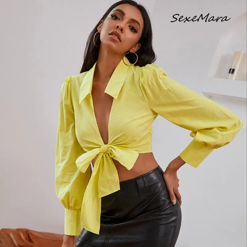 

Sexy Autumn Women Shirts 2020 Casual Fashion Lantern Sleeves Lace Up Slim Short Shirts Women