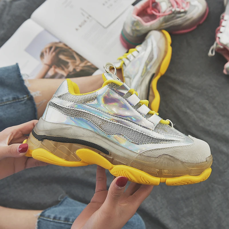 Массивные кроссовки Дизайнерские женские с блестками Дышащая женская обувь из