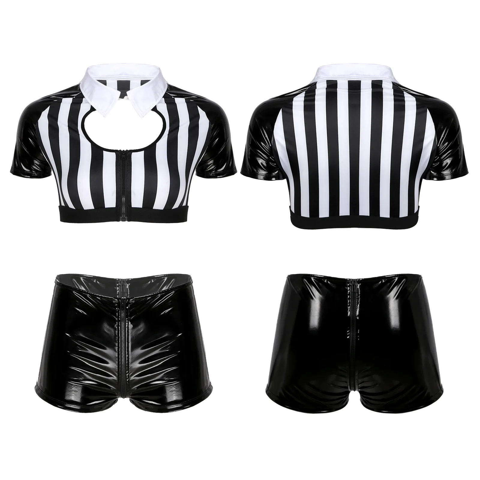 

Женский костюм рефери на Хэллоуин, ролевые игры, короткий топ в полоску с отложным воротником и коротким рукавом и шорты из искусственной ко...