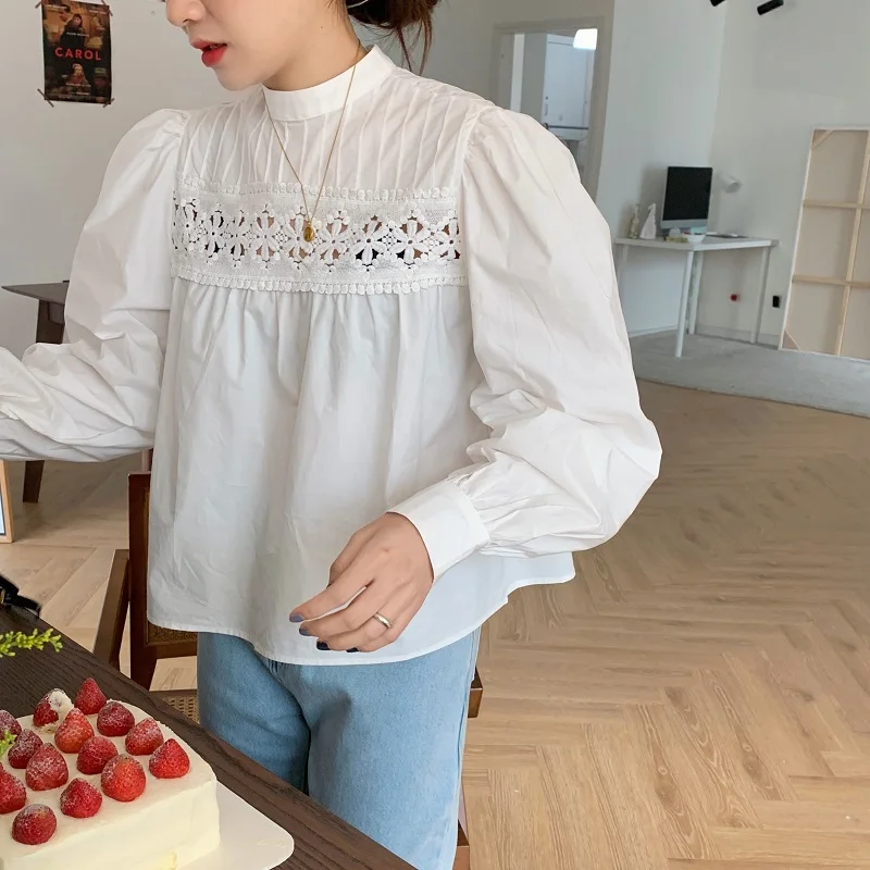 

Alien Kitty New Spring Chic Lace Women Shirts 2021 Retro Hollow Solid Patchwork Elegance All Match Female High Street Blouses