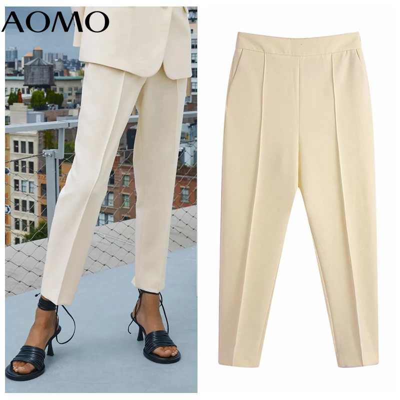

AOMO 2021 Fashion Women Beige Suit Pants Trousers Pockets Office Lady Elegant Pants Pantalon BE315A