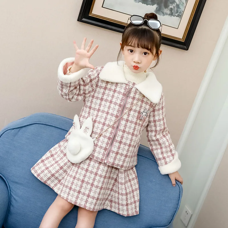 Комплект одежды для девочек зимнее теплое пальто + платье без рукавов клетчатый
