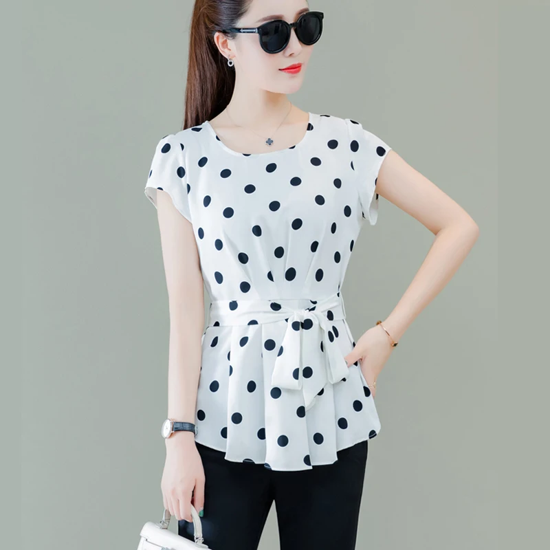 Женская шифоновая блузка в горошек с коротким рукавом | одежда