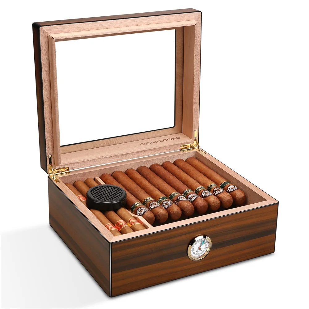 Cedar Wood Cigar Humidor Large Capacity For 56pcs Desktop Box with Humidifier Hygrometer Divider Glass Top Cigar Humidor Case enlarge