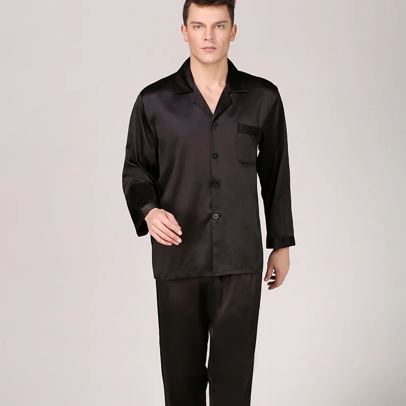 

Black Solid Men Pajamas Set Long Sleeve Shirt&Pants Satin Silky 2PCS Sleepwear Male Comfy Pijamas Suit Elastic Waist Loungewear