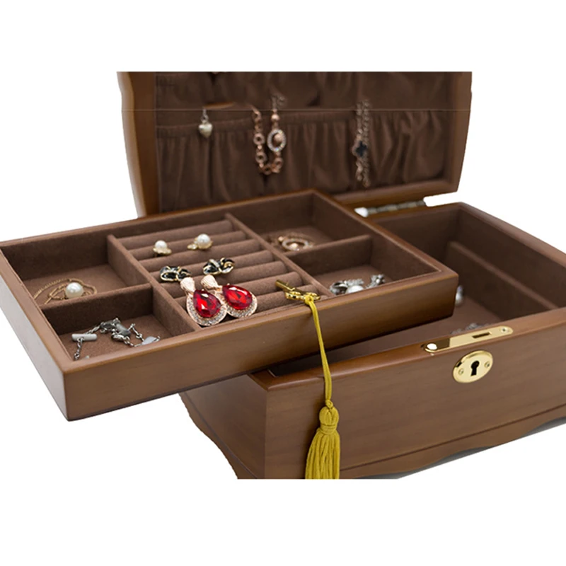 Wooden Double Layer with Lock Jewelry Organizer Box Double Layer Jewellery Storage Cases Women Rings Necklace Gift Boxes