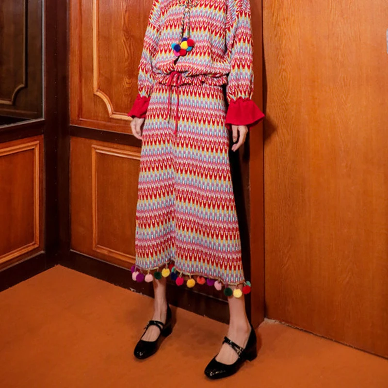Ретро национальная трикотажная Женская Повседневная Длинная юбка
