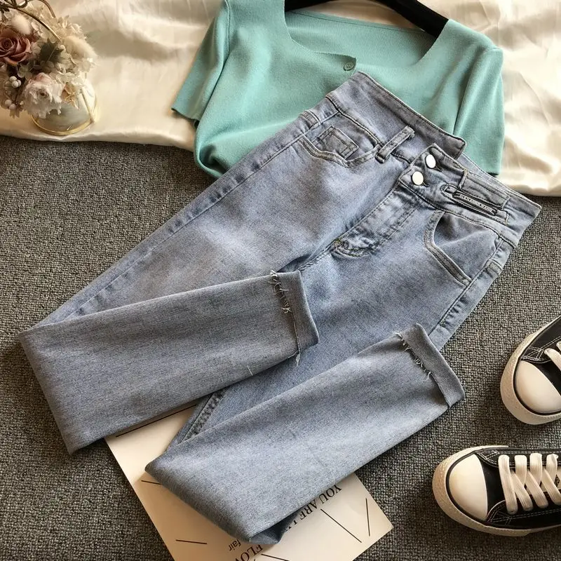

Blue Pencil Jeans for Women 2021 New Korean Irregular with Personality High Waist Denim Pants Female Stretch Skinny Trousers