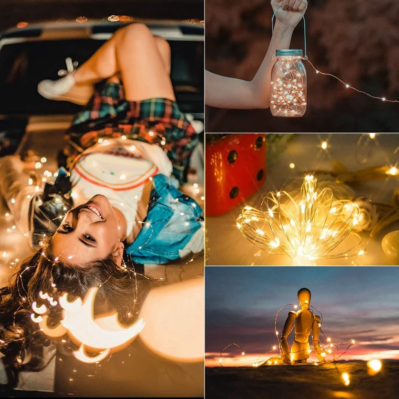 

New 2Pcs Solar Power Strip Lights Outdoor Copper Wire String Lights Waterproof Garden Curtain Lights