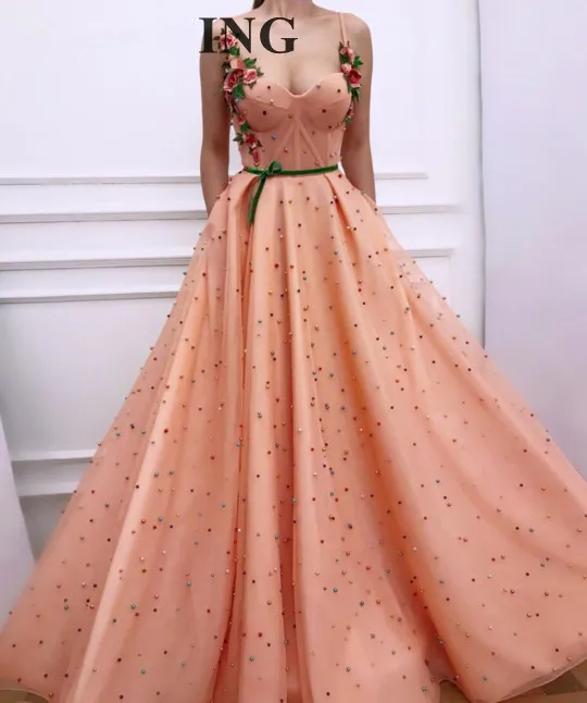 

Peach Muslim Evening Dresses A-line Spaghetti Straps Tulle Pearls Flowers Dubai Saudi Arabic Long Evening Gown Prom