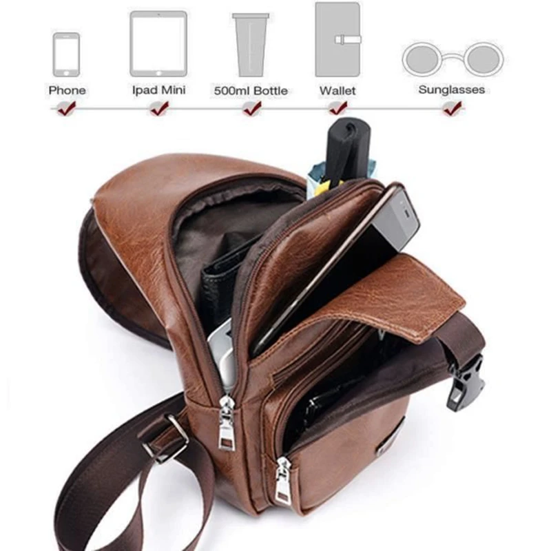 Men's Chest Bag with Charge Port USB Retro Crossbody Pu Leather Vintage Business Pouch for Sport Dark Brown | Багаж и сумки