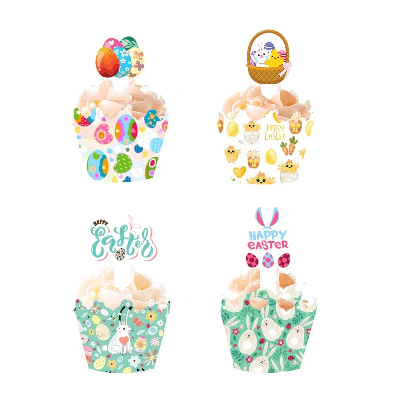 

16/24 Sets Happy Easter Cupcake Wrappers Cake Topper Easter Bunny Cupcake Cup for Easter Kids Birthday Party Decor