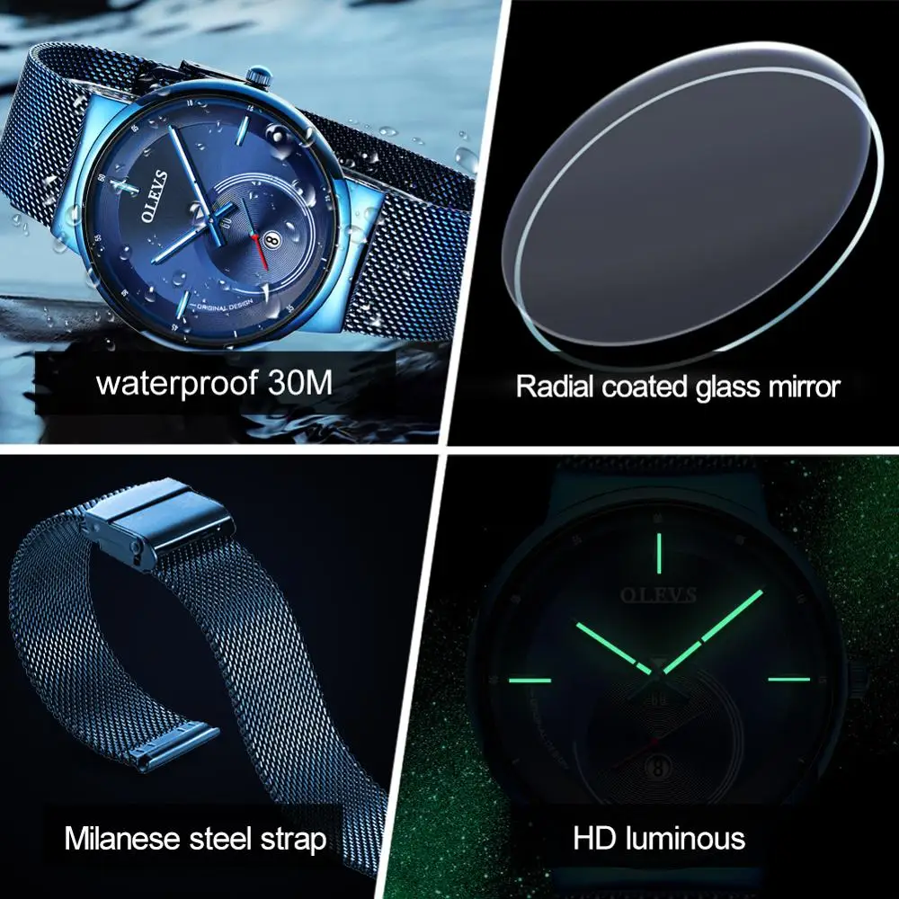 NEW OLEVS Watch Men Luxury Quartz Date Blue Dial Thin Top Brand Watches Sports Chronograph Mesh Belt Wrist Watch Man Clock