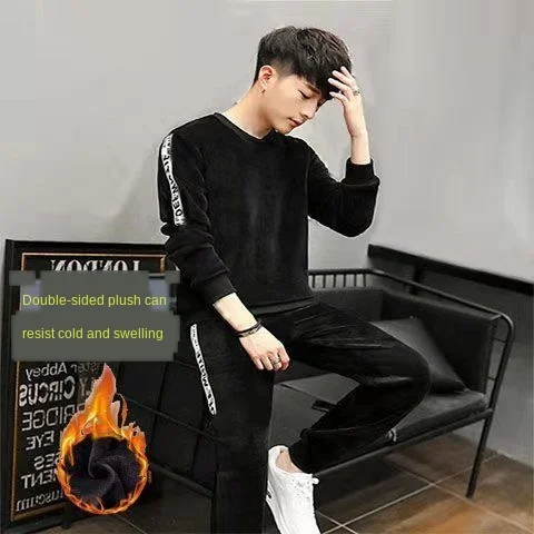 

Men's suit autumn winter Plush double velvet round neck sweater casual large two piece men's set