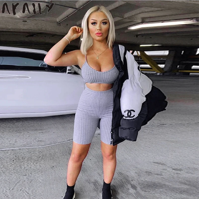 

Akaily Summer Streetwear Black Tracksuit 2 Two Piece Sets Womens Outfits Spaghetti Strap Crop Top Bike Shorts Sets Female 2021